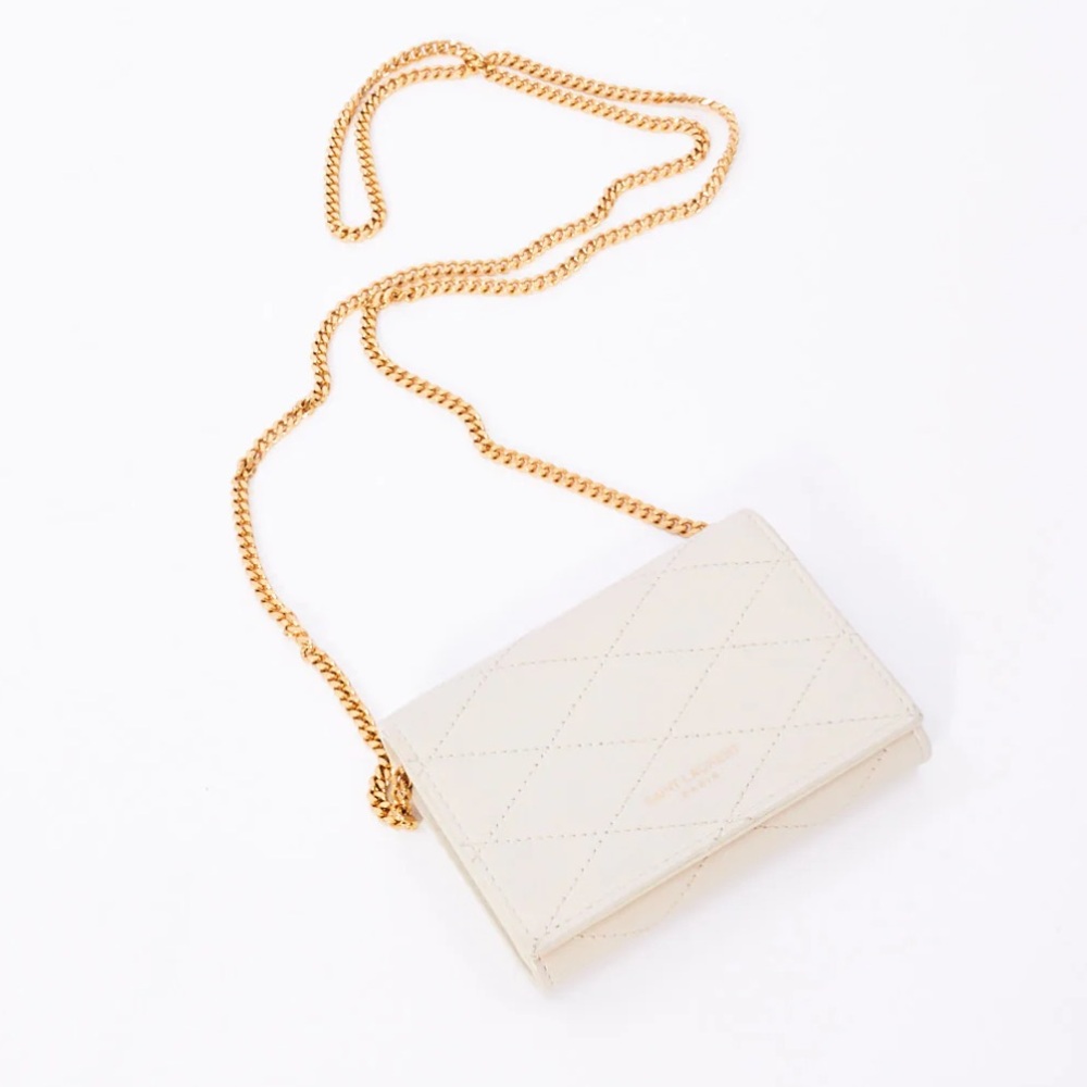 Saint Laurent White Quilted Chain Mini Wallet